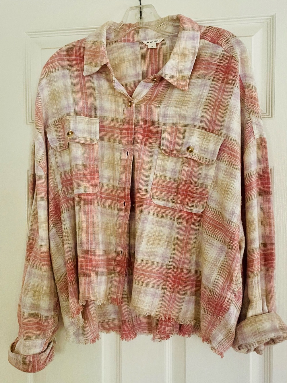 Aeropostale Pink, Cream & Green Plaid Button-Down Shirt